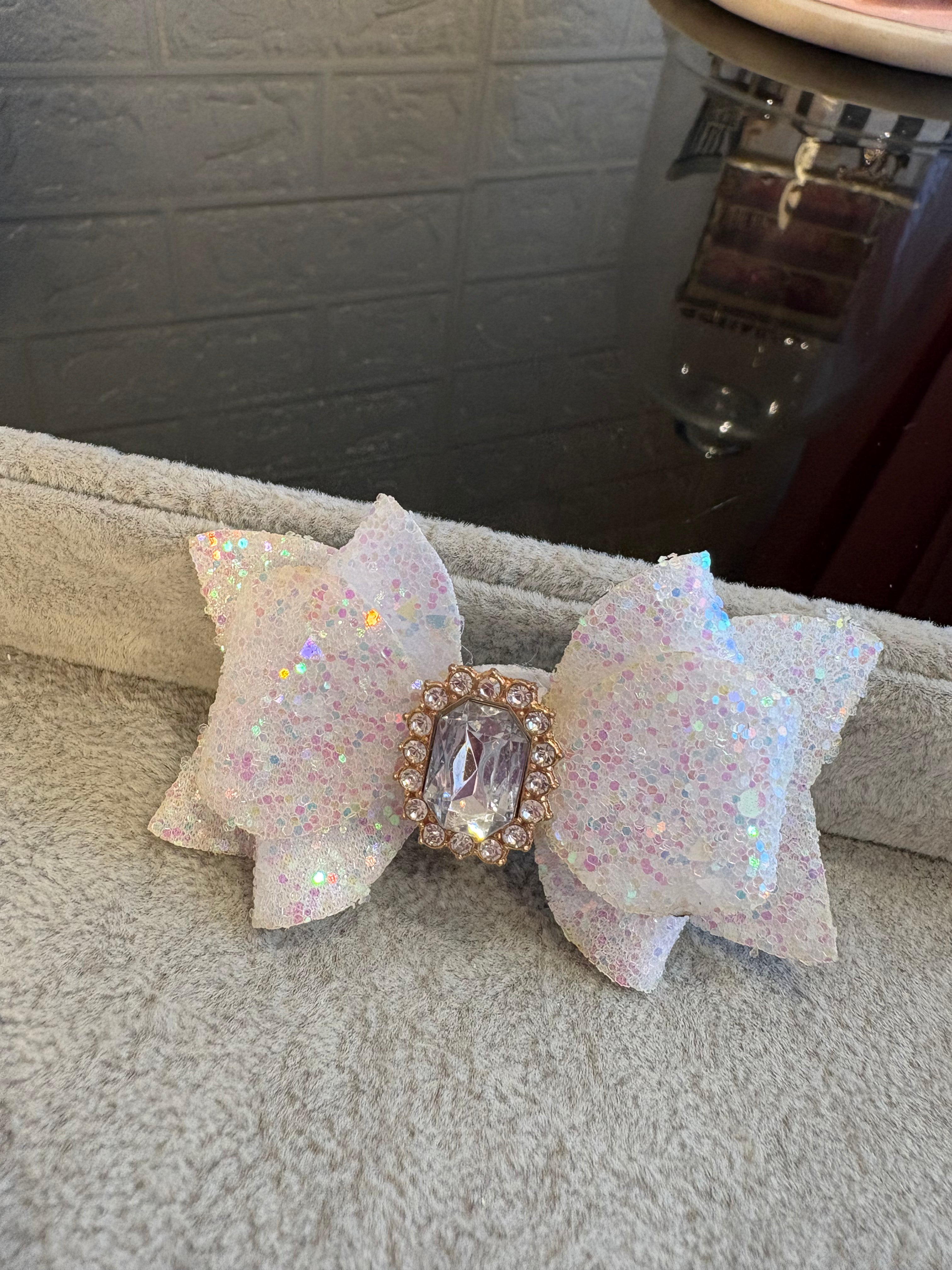 White Glitter Gem Hair Bow