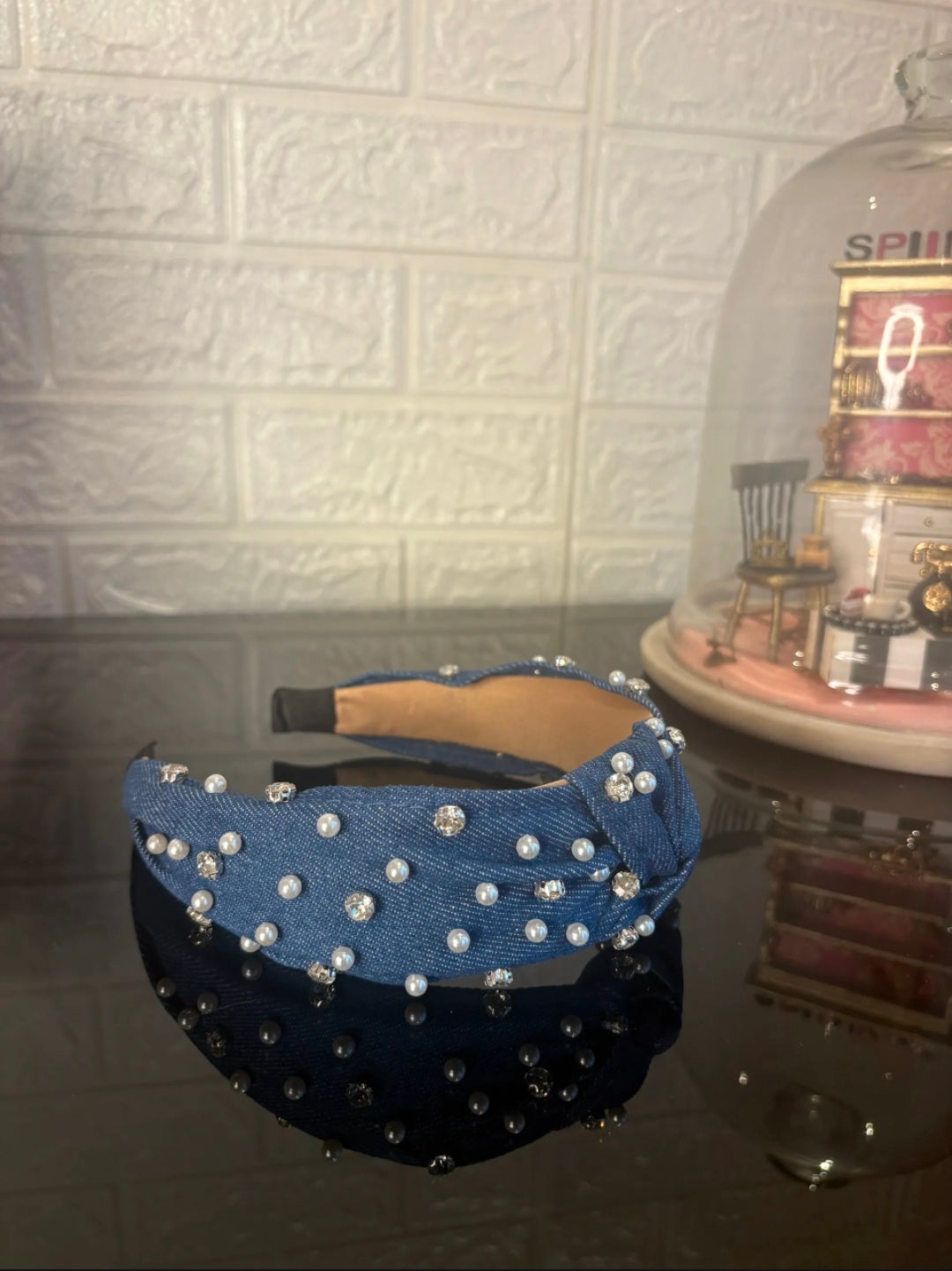 Navy Blue Pearl Denim Hairband