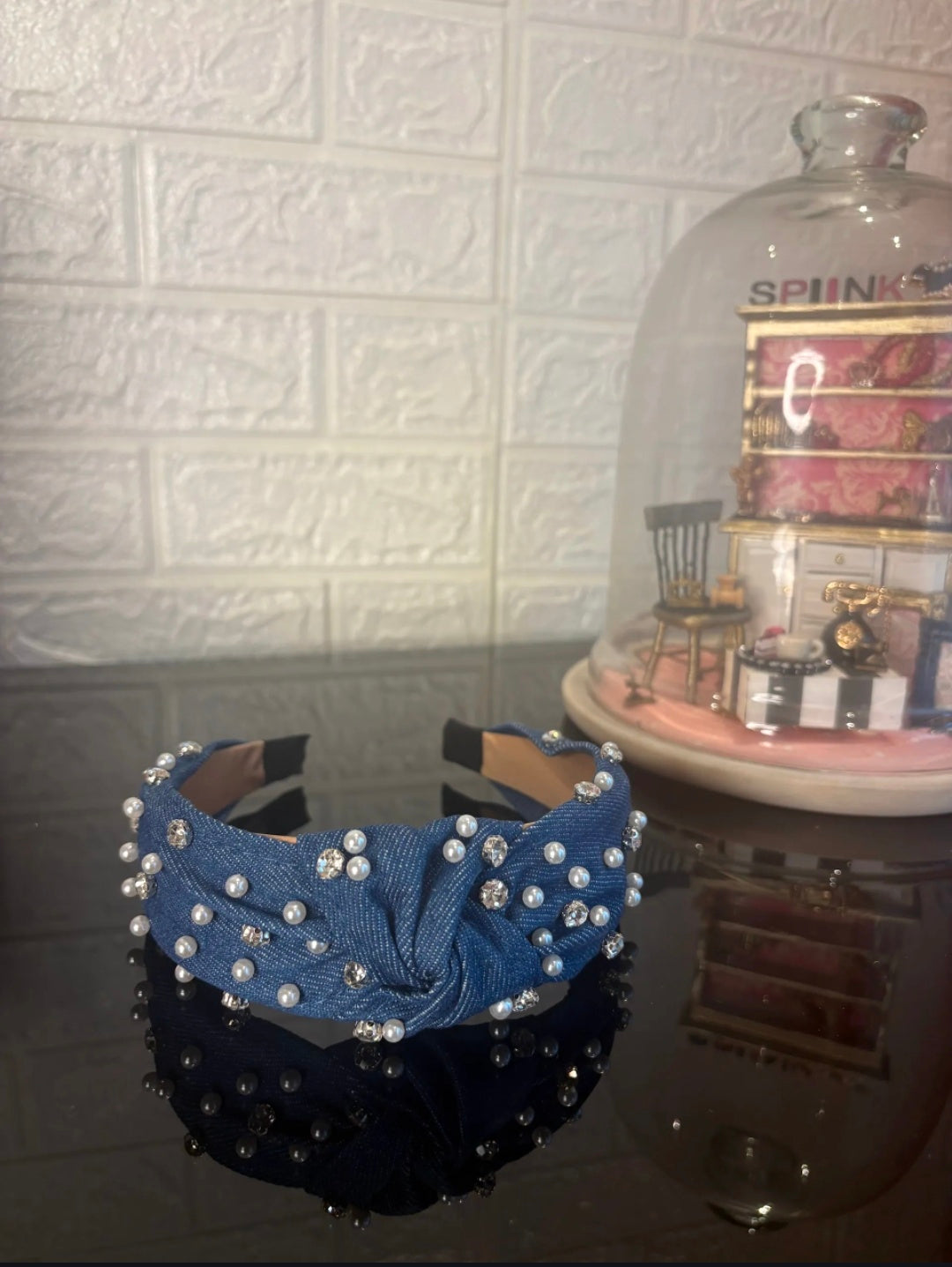 Navy Blue Pearl Denim Hairband
