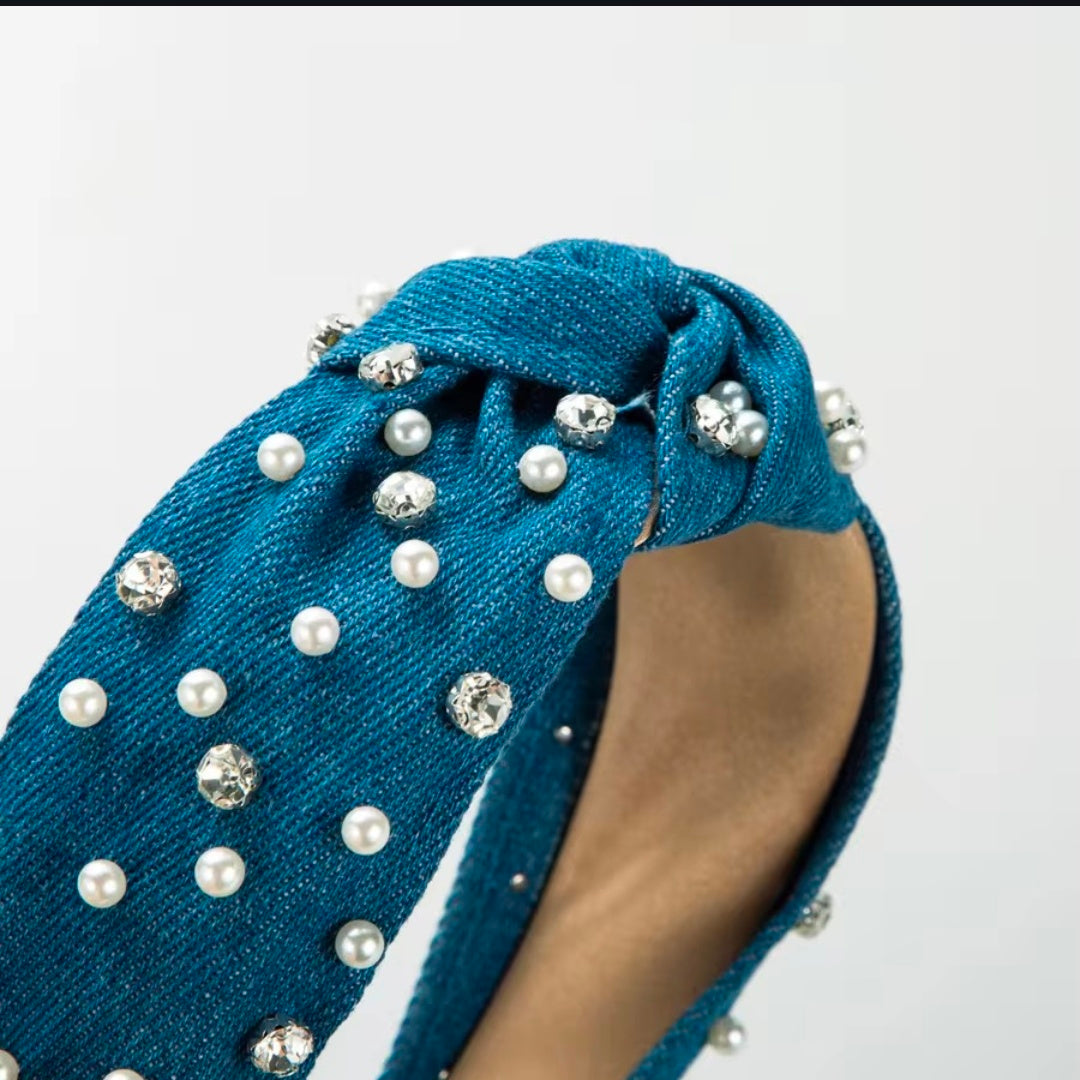 Navy Blue Pearl Denim Hairband