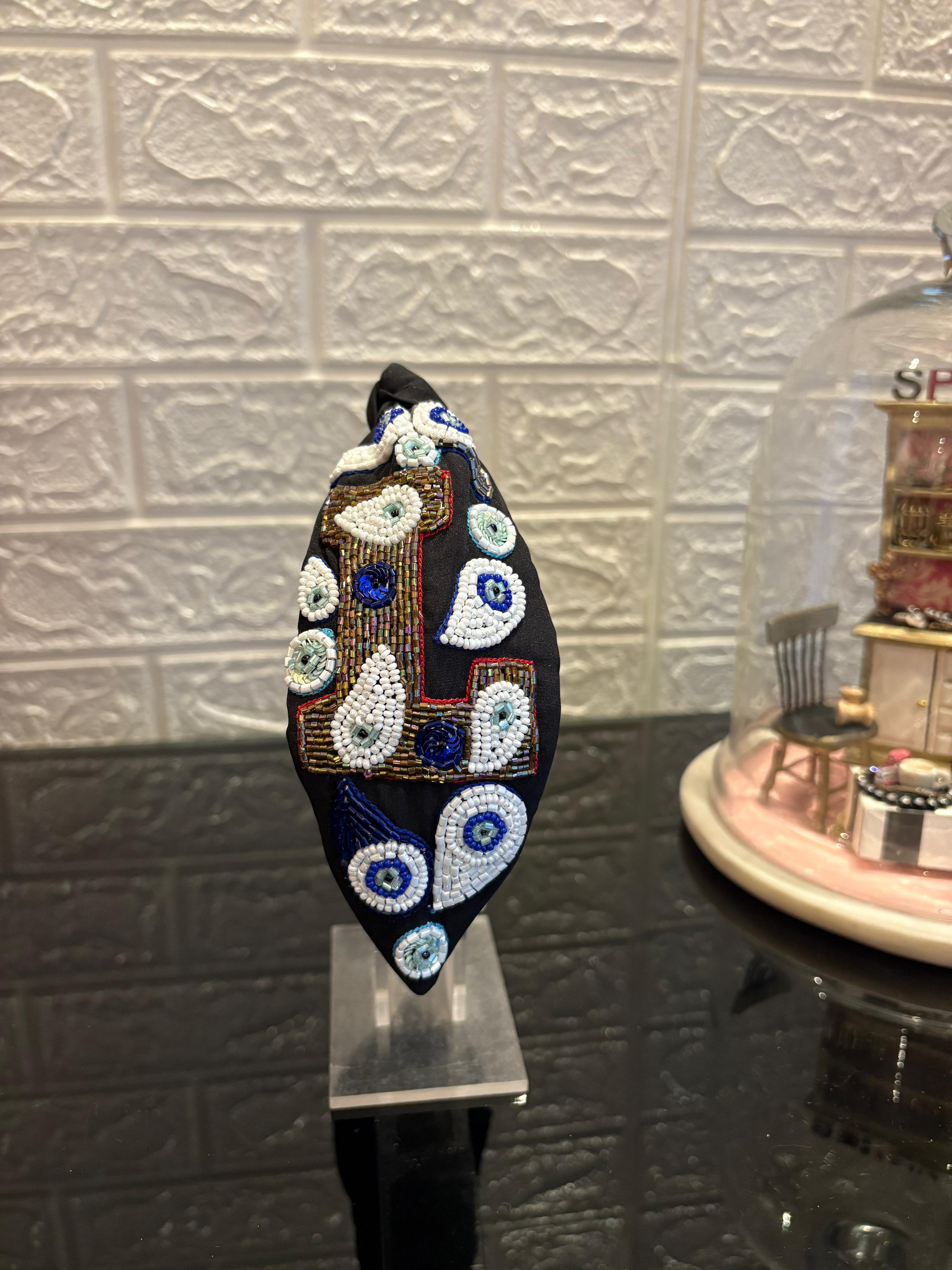 Evil Eye Black Initial Turban Hairband