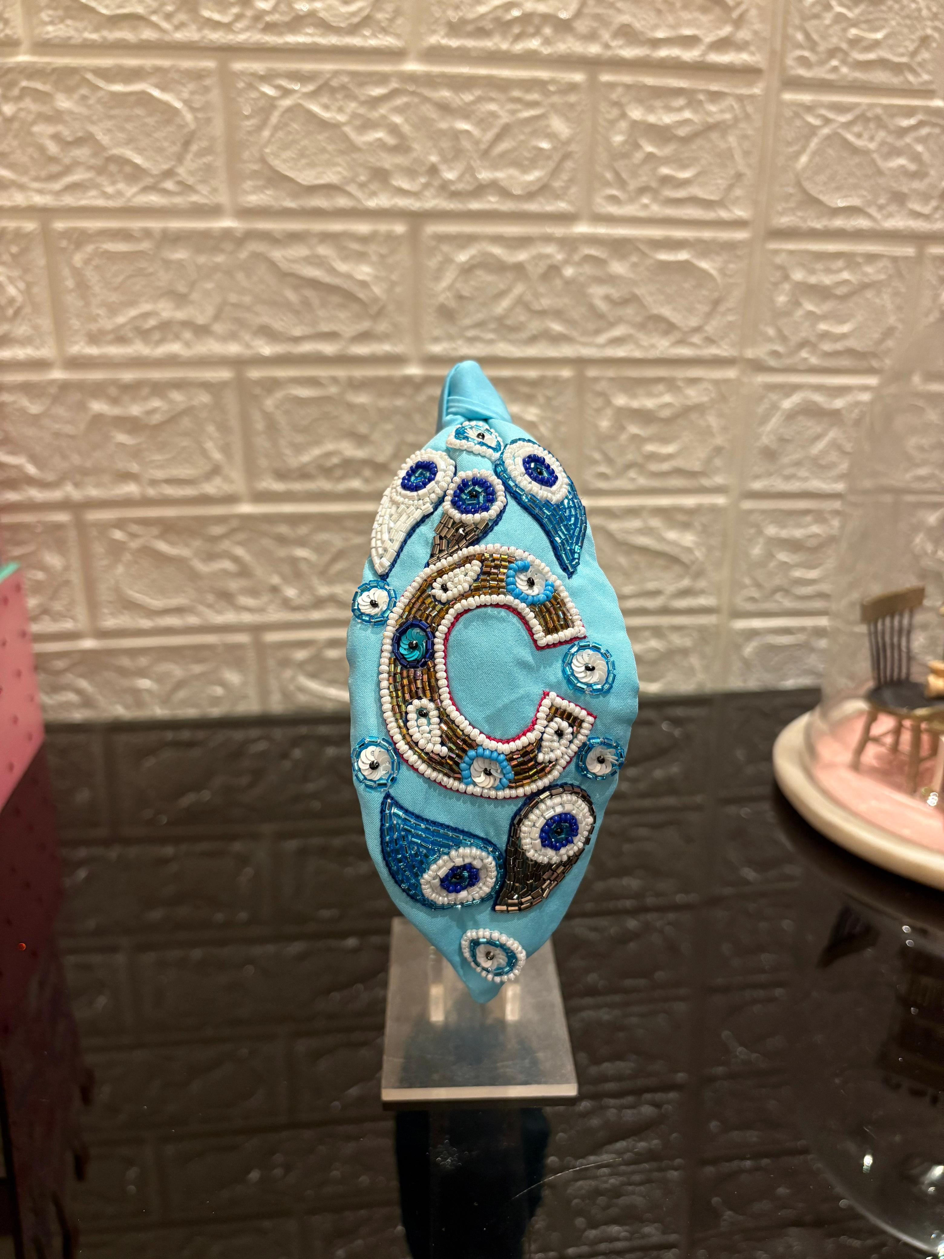 Evil Eye Initial Blue Turban Hairband