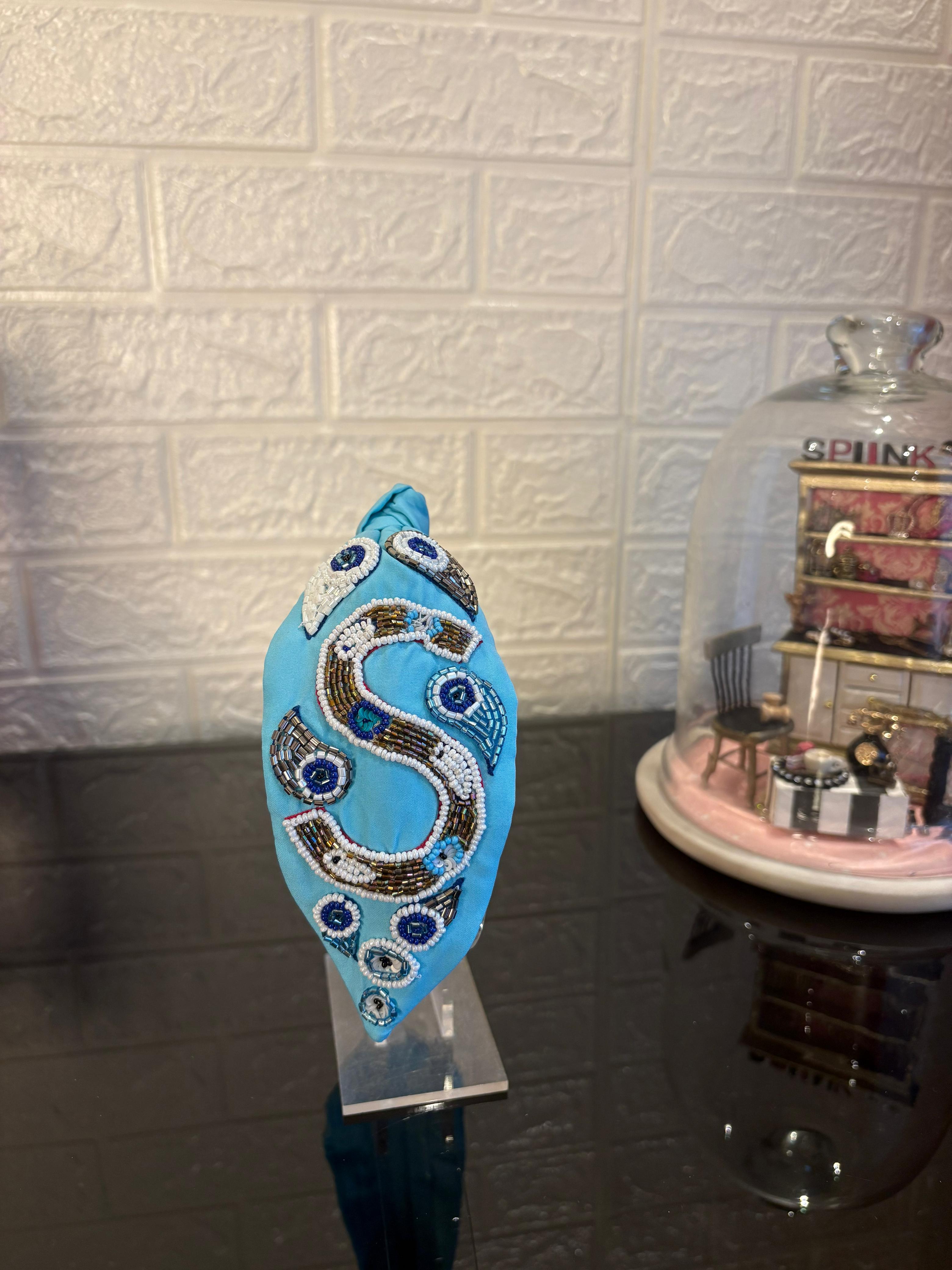 Evil Eye Initial Blue Turban Hairband