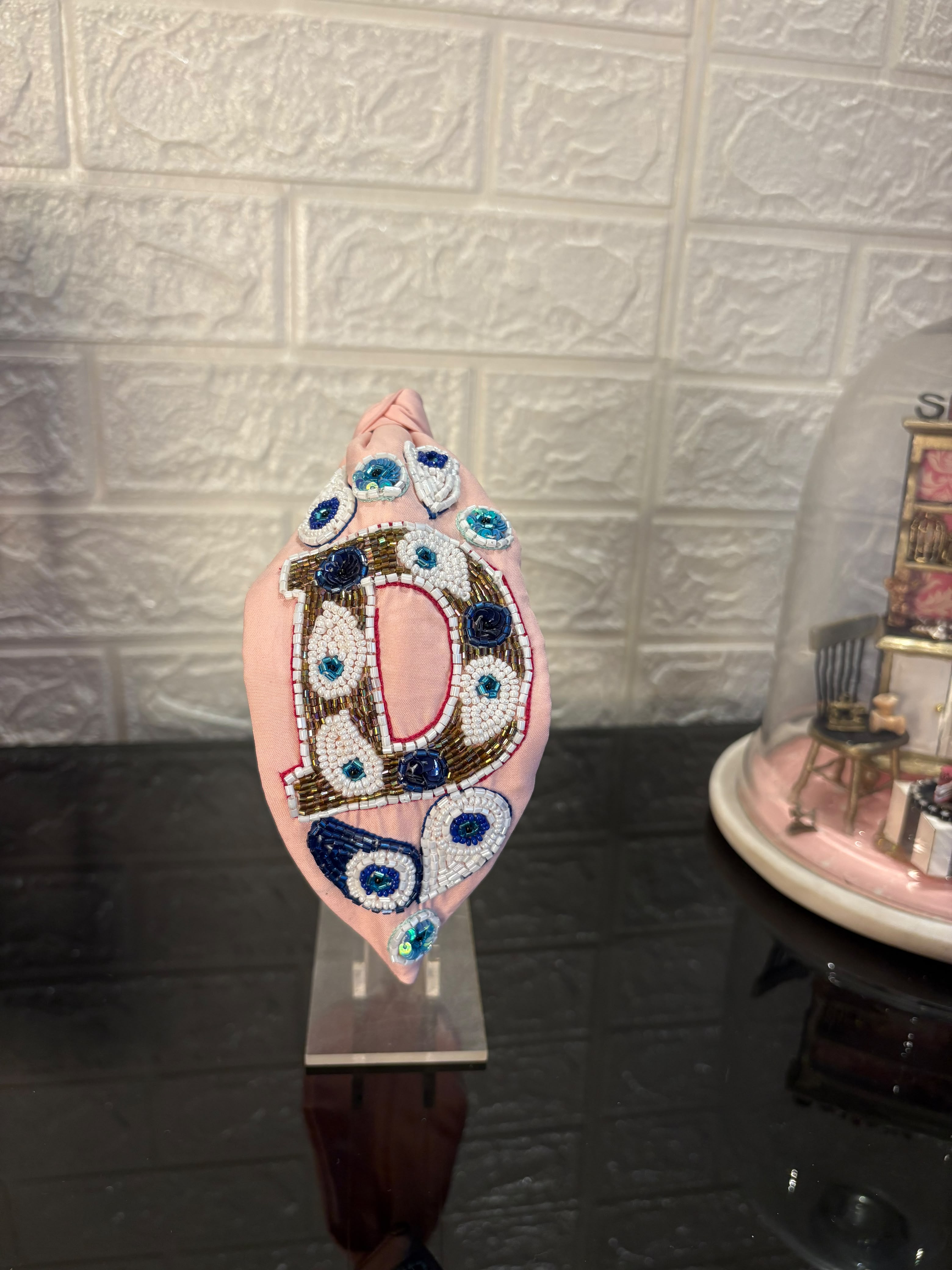 Evil Eye Initial Peach Turban Hairband
