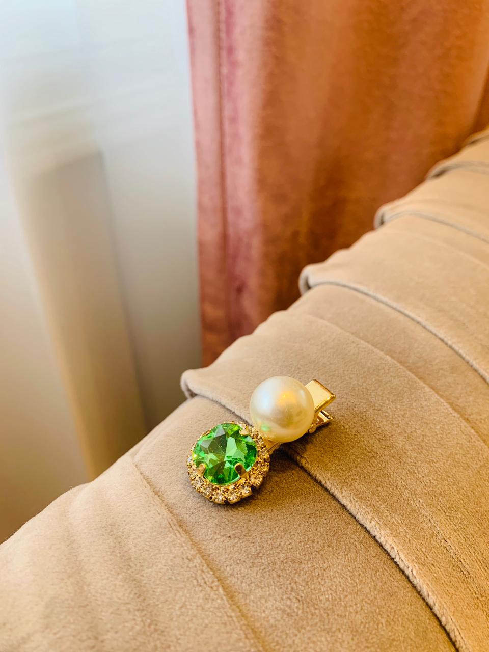 Sage Pearl and Emerald Hair Pin